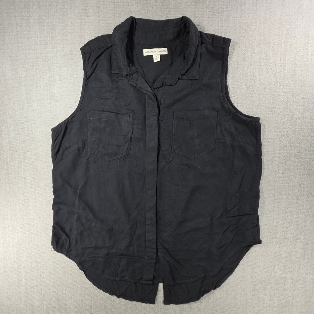 Alexander Jordan Button Down Womens Large Black Sleeveless Rayon Blouse Pocket